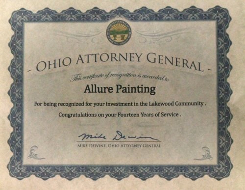 Historical Ohio Attorney General certificate of recognition presented to Allure Painting